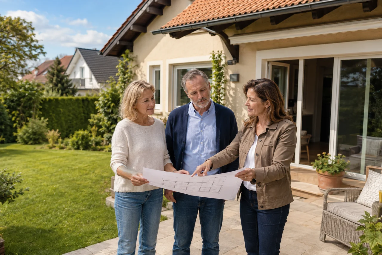 Eigentümerpaar bespricht mit einer Immobilienberaterin das eigene Wohnhaus