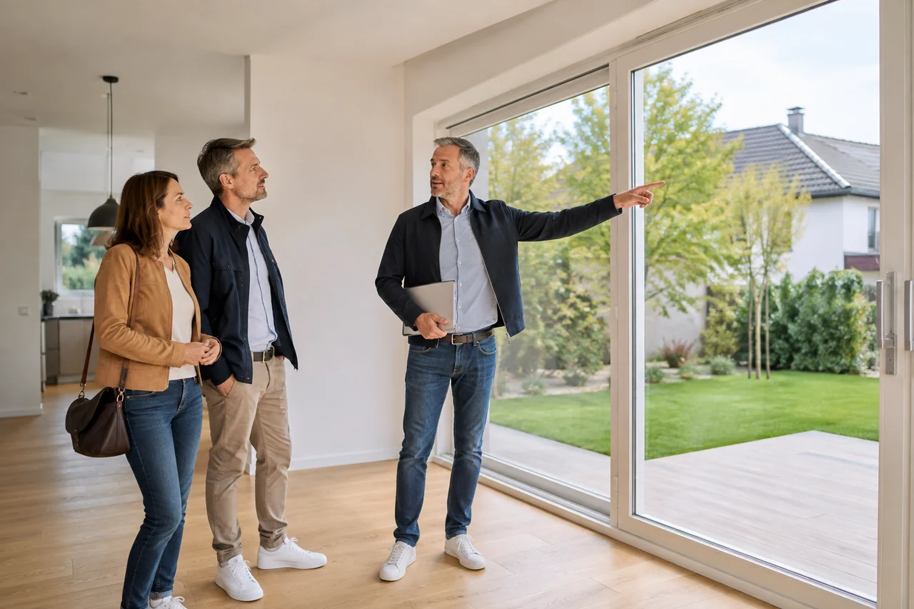 Kaufinteressenten besichtigen mit einem Immobilienberater ein helles Wohnhaus